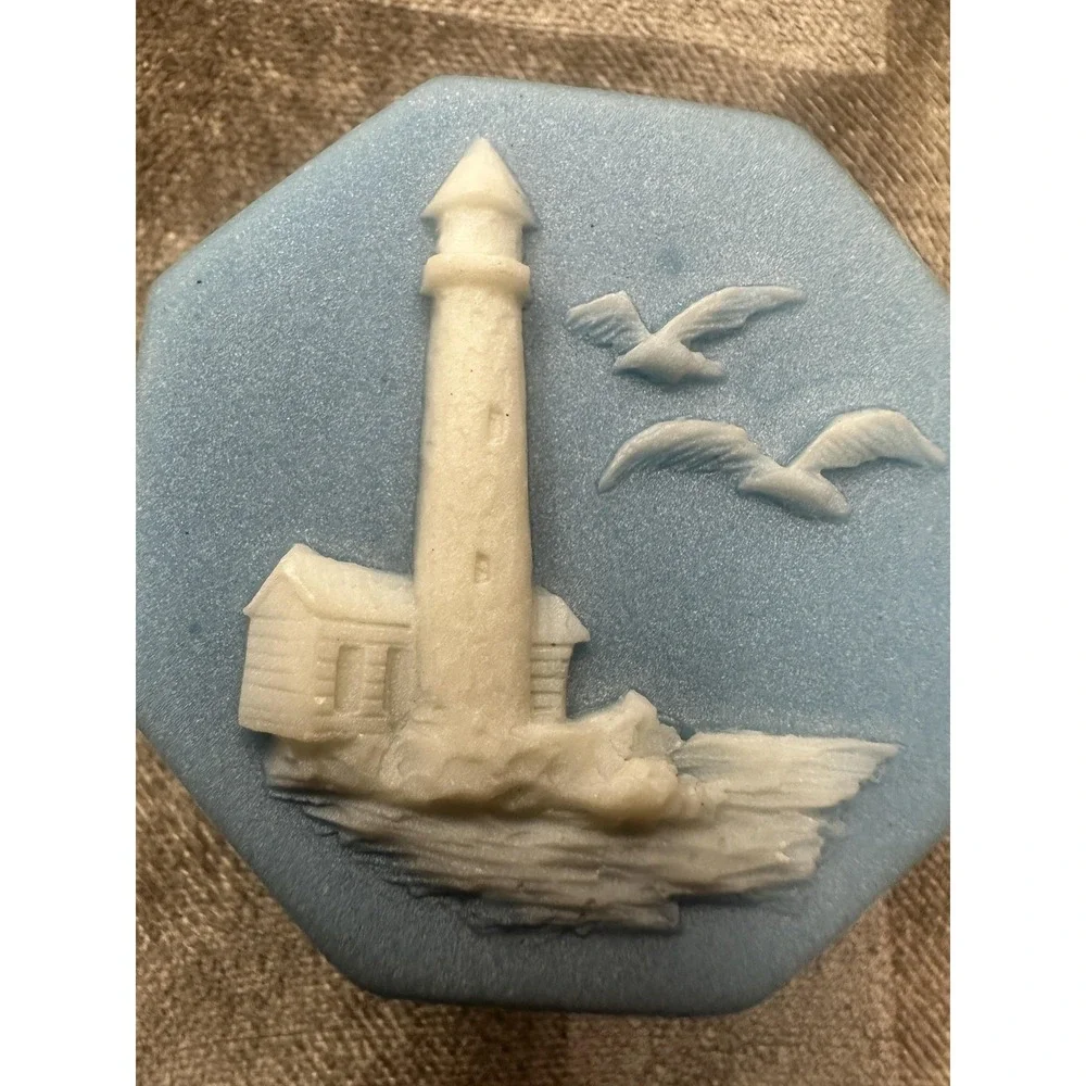 Vintage 1974 Lighthouse Trinket Box Cast Alabaster Stone Coastal Decor USA‎
